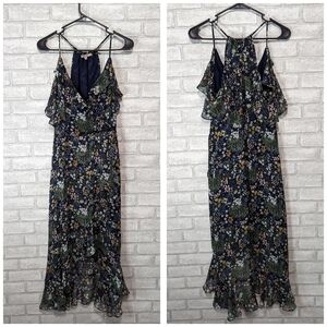 Miss Me Navy Microfloral Tank Cold Shoulder Wrap High-low Dress Size Small